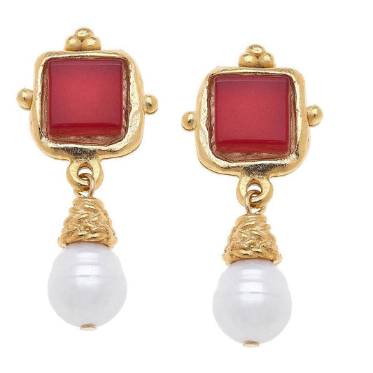 Charlotte Red French Glass Pearl Drop Earring