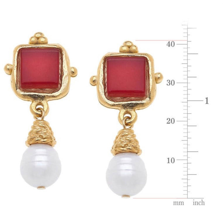 Charlotte Red French Glass Pearl Drop Earring